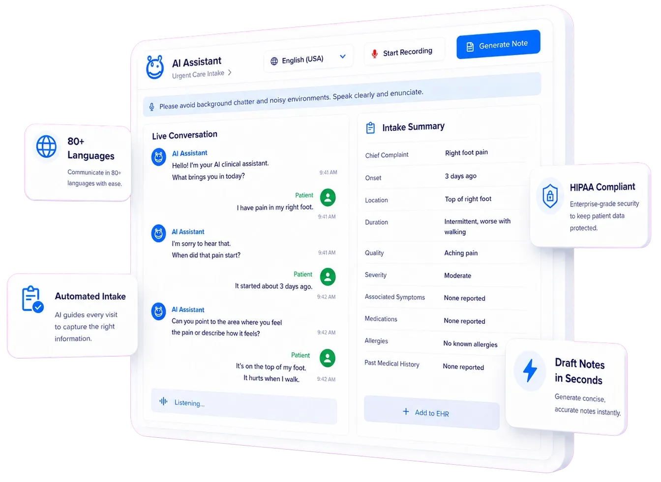 Prelude AI clinical assistant — live transcript, AI insights, and automated notes